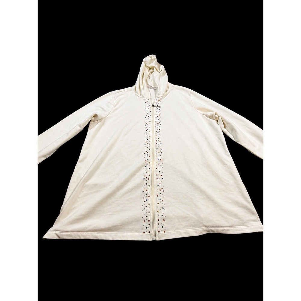 Quacker Factory Womens Full Zip Cream Embellished Rhinestone Hoodie Size 1X‎